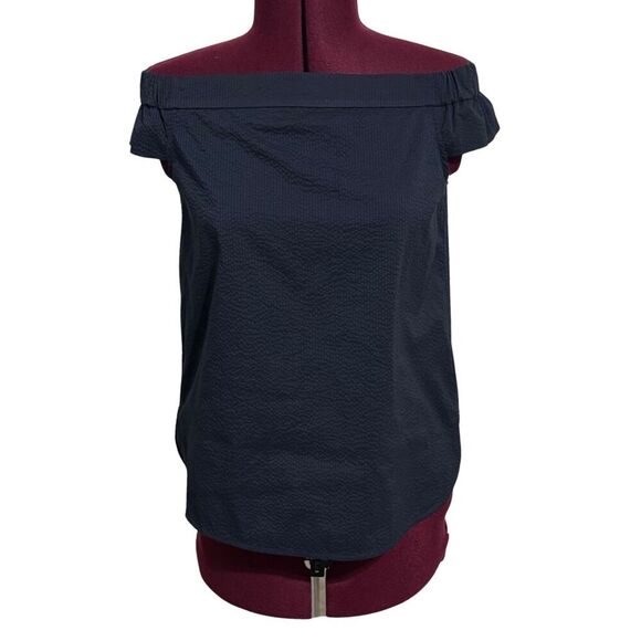 TIBI Off-the-Shoulder Sleeveless Cap Sleeve Blouse Top Curved Hemline Navy EUC 6 - Picture 3 of 7